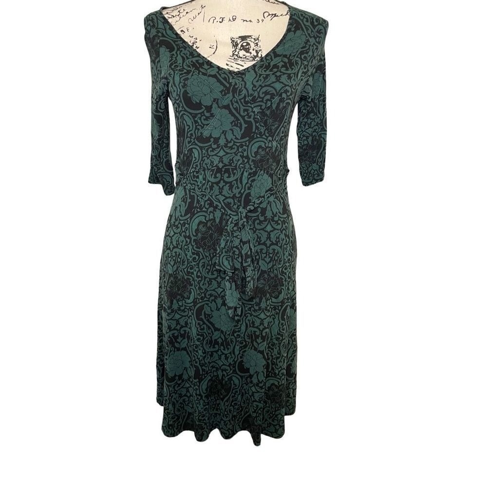 Athleta Faux Wrap Dress Womens S Teal Black Excellent Damask Floral Midi 3/4 Slv